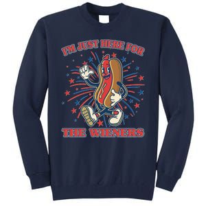 Funny 4th Of July Im Just Here For The Wieners Retro Cartoon Hotdog Tall Sweatshirt