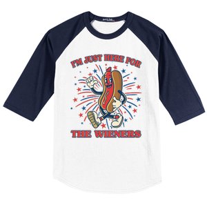 Funny 4th Of July Im Just Here For The Wieners Retro Cartoon Hotdog Baseball Sleeve Shirt