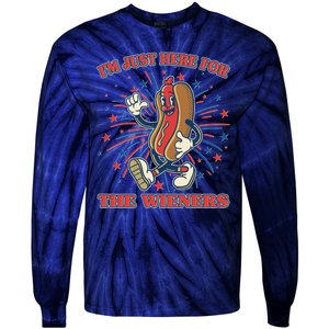 Funny 4th Of July Im Just Here For The Wieners Retro Cartoon Hotdog Tie-Dye Long Sleeve Shirt