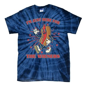 Funny 4th Of July Im Just Here For The Wieners Retro Cartoon Hotdog Tie-Dye T-Shirt