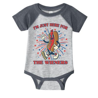 Funny 4th Of July Im Just Here For The Wieners Retro Cartoon Hotdog Infant Baby Jersey Bodysuit