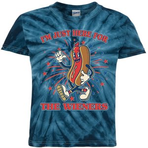 Funny 4th Of July Im Just Here For The Wieners Retro Cartoon Hotdog Kids Tie-Dye T-Shirt