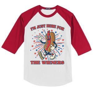 Funny 4th Of July Im Just Here For The Wieners Retro Cartoon Hotdog Kids Colorblock Raglan Jersey