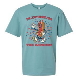 Funny 4th Of July Im Just Here For The Wieners Retro Cartoon Hotdog Sueded Cloud Jersey T-Shirt