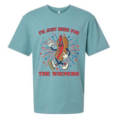 Funny 4th Of July Im Just Here For The Wieners Retro Cartoon Hotdog Sueded Cloud Jersey T-Shirt