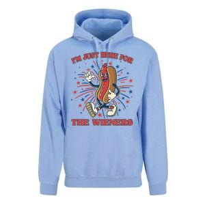 Funny 4th Of July Im Just Here For The Wieners Retro Cartoon Hotdog Unisex Surf Hoodie