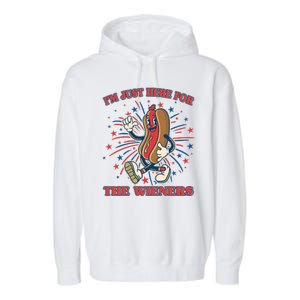 Funny 4th Of July Im Just Here For The Wieners Retro Cartoon Hotdog Garment-Dyed Fleece Hoodie