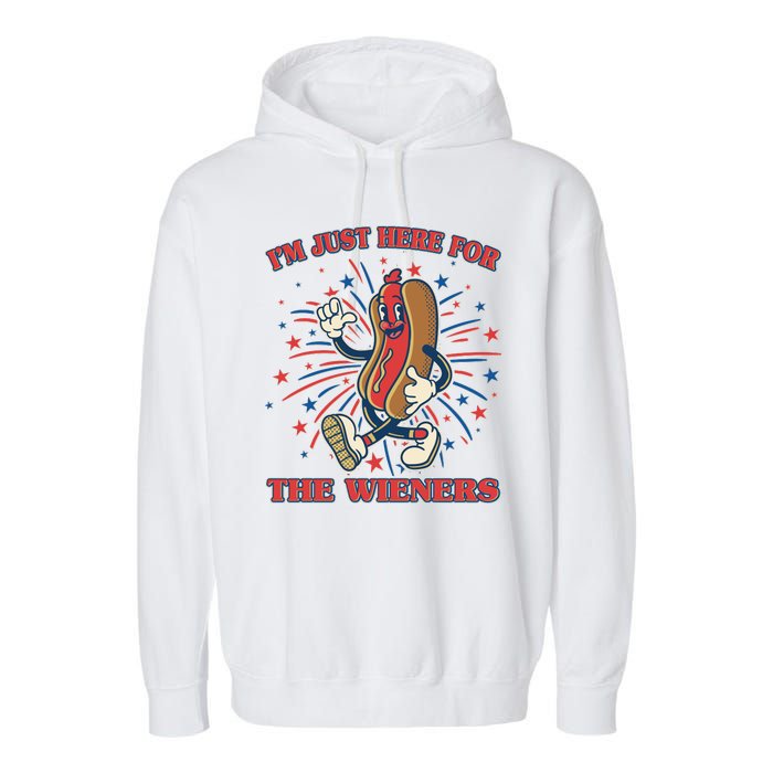 Funny 4th Of July Im Just Here For The Wieners Retro Cartoon Hotdog Garment-Dyed Fleece Hoodie