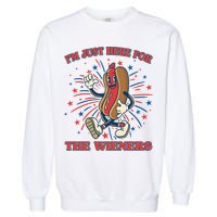 Funny 4th Of July Im Just Here For The Wieners Retro Cartoon Hotdog Garment-Dyed Sweatshirt