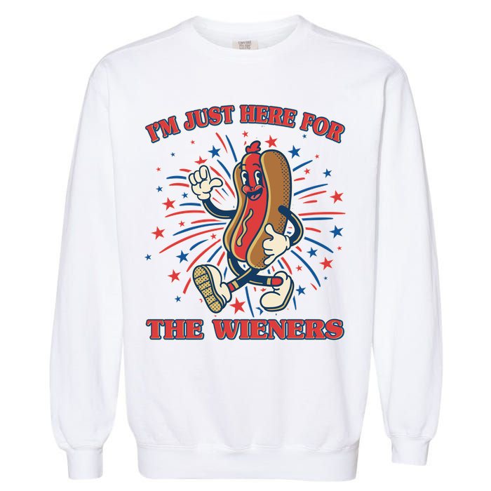 Funny 4th Of July Im Just Here For The Wieners Retro Cartoon Hotdog Garment-Dyed Sweatshirt