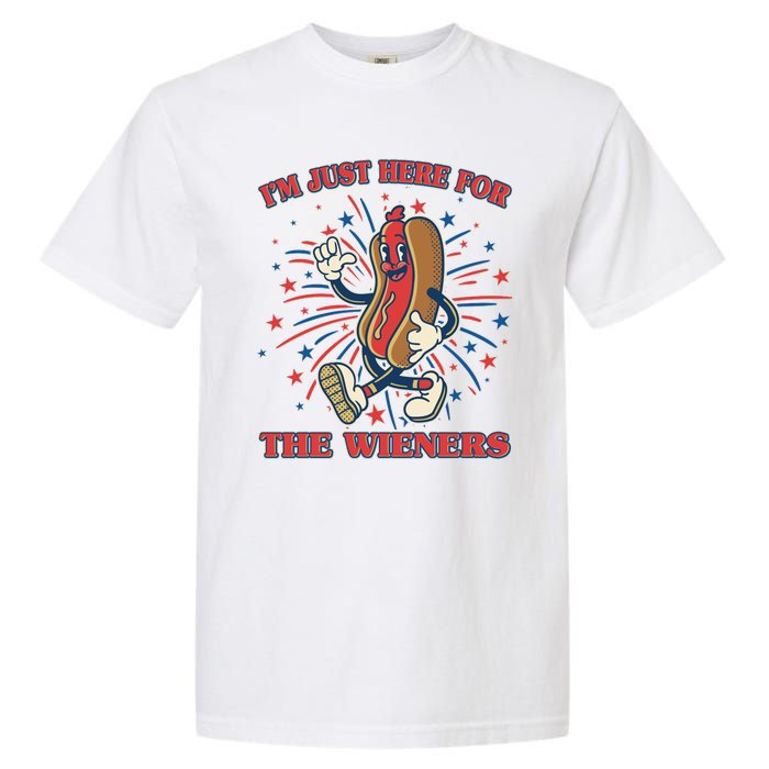 Funny 4th Of July Im Just Here For The Wieners Retro Cartoon Hotdog Garment-Dyed Heavyweight T-Shirt