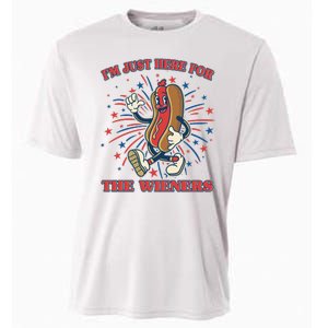 Funny 4th Of July Im Just Here For The Wieners Retro Cartoon Hotdog Cooling Performance Crew T-Shirt