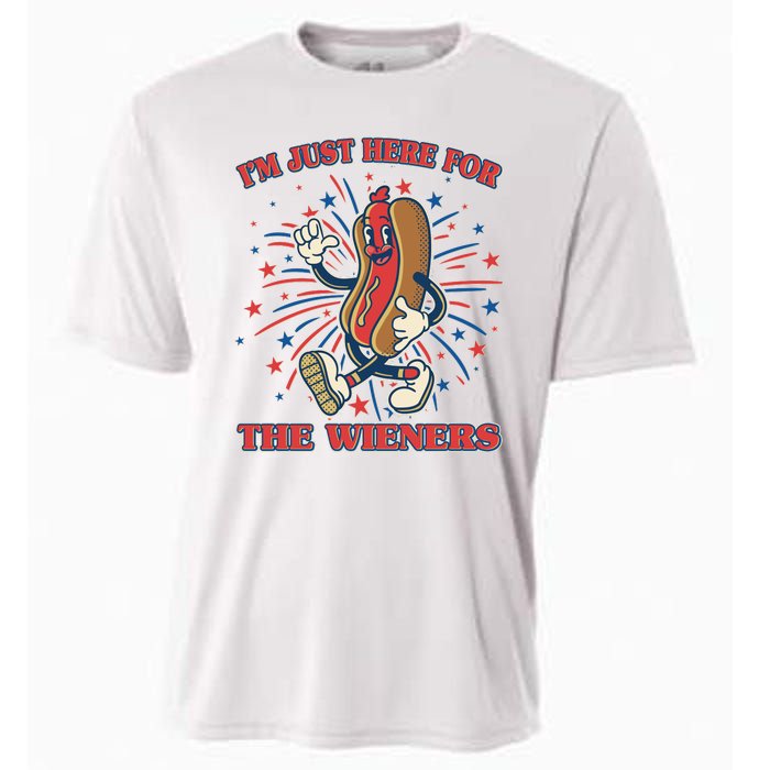 Funny 4th Of July Im Just Here For The Wieners Retro Cartoon Hotdog Cooling Performance Crew T-Shirt