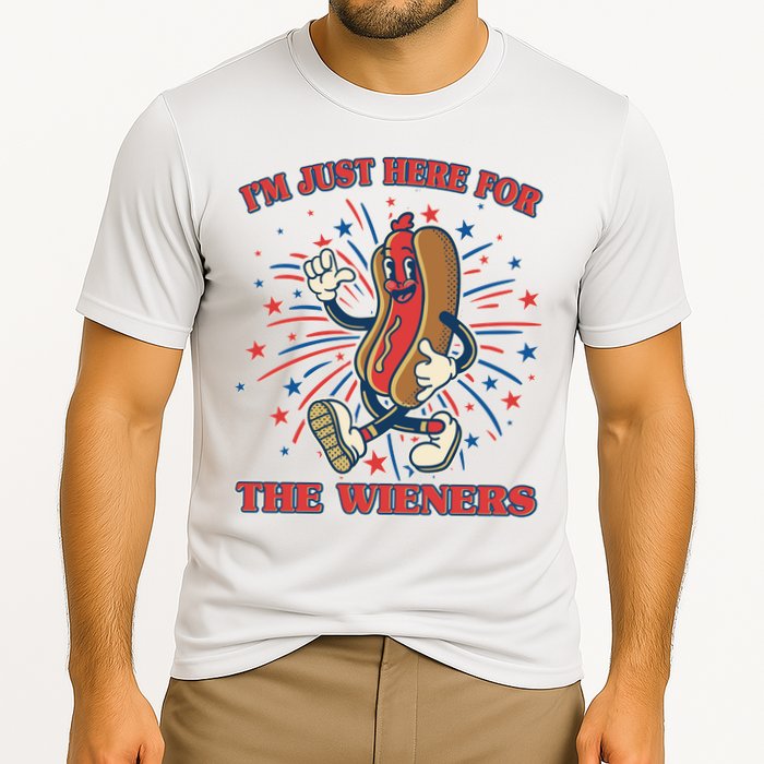 Funny 4th Of July Im Just Here For The Wieners Retro Cartoon Hotdog Cooling Performance Crew T-Shirt