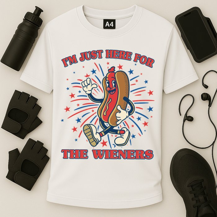 Funny 4th Of July Im Just Here For The Wieners Retro Cartoon Hotdog Cooling Performance Crew T-Shirt