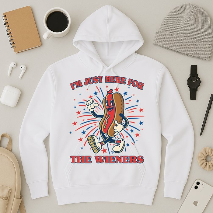 Funny 4th Of July Im Just Here For The Wieners Retro Cartoon Hotdog Hoodie
