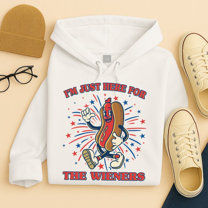Funny 4th Of July Im Just Here For The Wieners Retro Cartoon Hotdog Hoodie