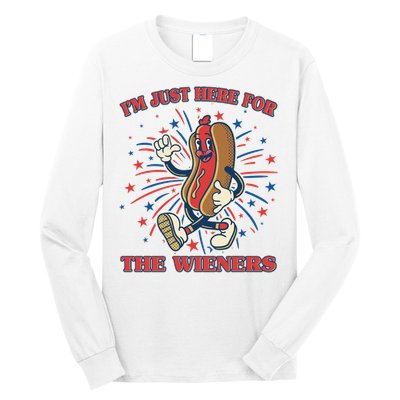 Funny 4th Of July Im Just Here For The Wieners Retro Cartoon Hotdog Long Sleeve Shirt