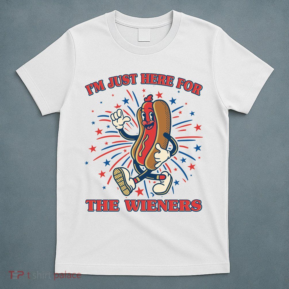 Funny 4th Of July Im Just Here For The Wieners Retro Cartoon Hotdog T-Shirt