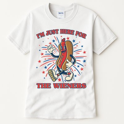 Funny 4th Of July Im Just Here For The Wieners Retro Cartoon Hotdog Tall T-Shirt