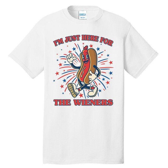 Funny 4th Of July Im Just Here For The Wieners Retro Cartoon Hotdog Tall T-Shirt