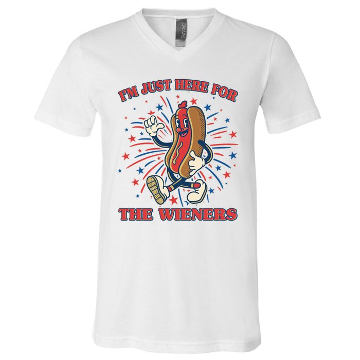 Funny 4th Of July Im Just Here For The Wieners Retro Cartoon Hotdog V-Neck T-Shirt