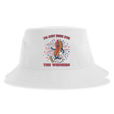 Funny 4th Of July Im Just Here For The Wieners Retro Cartoon Hotdog Sustainable Bucket Hat