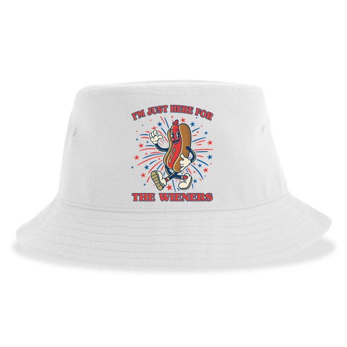 Funny 4th Of July Im Just Here For The Wieners Retro Cartoon Hotdog Sustainable Bucket Hat