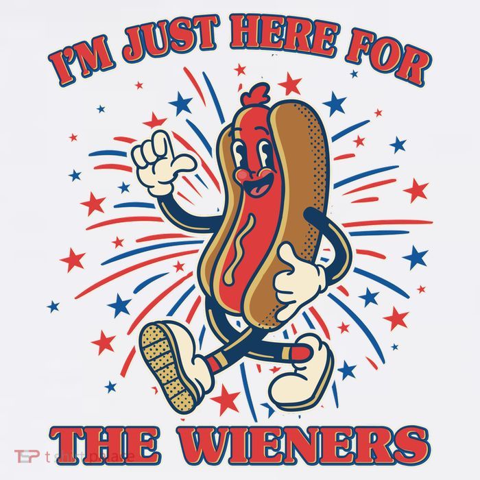 Funny 4th Of July Im Just Here For The Wieners Retro Cartoon Hotdog Sustainable Bucket Hat