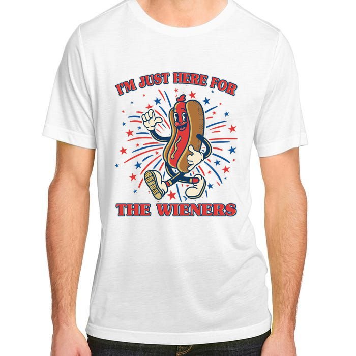 Funny 4th Of July Im Just Here For The Wieners Retro Cartoon Hotdog Adult ChromaSoft Performance T-Shirt