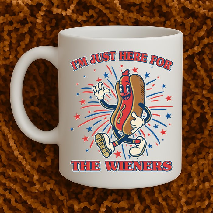 Funny 4th Of July Im Just Here For The Wieners Retro Cartoon Hotdog Mug