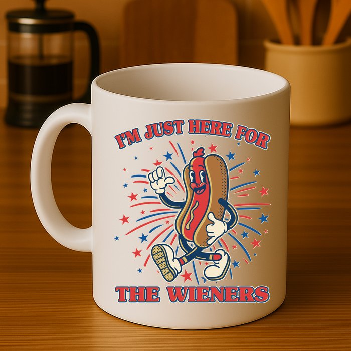 Funny 4th Of July Im Just Here For The Wieners Retro Cartoon Hotdog Mug