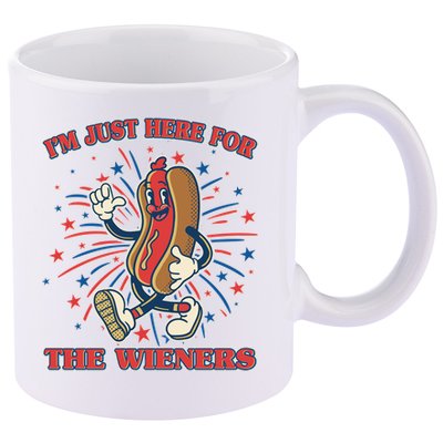 Funny 4th Of July Im Just Here For The Wieners Retro Cartoon Hotdog 11oz C Handle Ceramic Mug