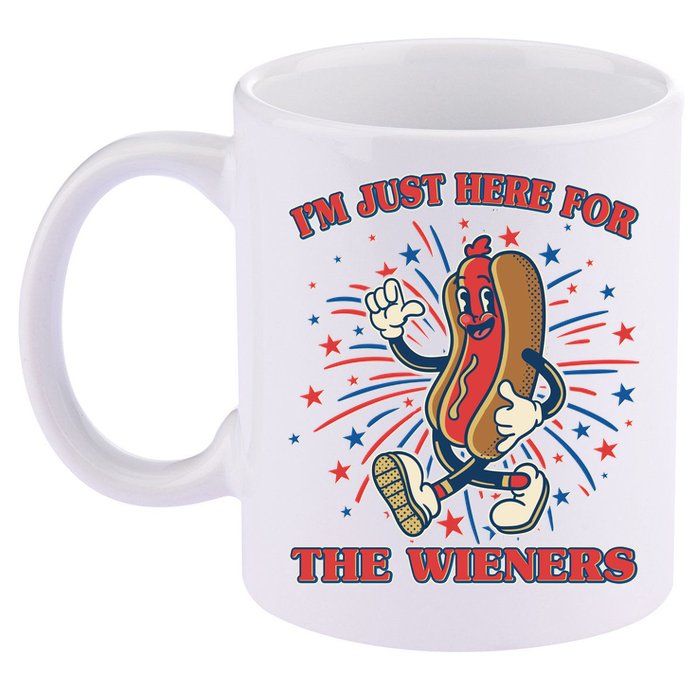 Funny 4th Of July Im Just Here For The Wieners Retro Cartoon Hotdog 11oz C Handle Ceramic Mug