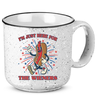 Funny 4th Of July Im Just Here For The Wieners Retro Cartoon Hotdog 15oz Campfire Ceramic Mug
