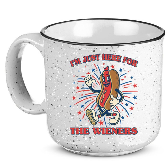 Funny 4th Of July Im Just Here For The Wieners Retro Cartoon Hotdog 15oz Campfire Ceramic Mug