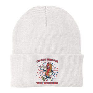 Funny 4th Of July Im Just Here For The Wieners Retro Cartoon Hotdog Knit Cap Winter Beanie