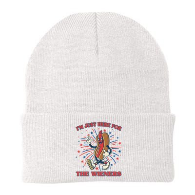 Funny 4th Of July Im Just Here For The Wieners Retro Cartoon Hotdog Beanie