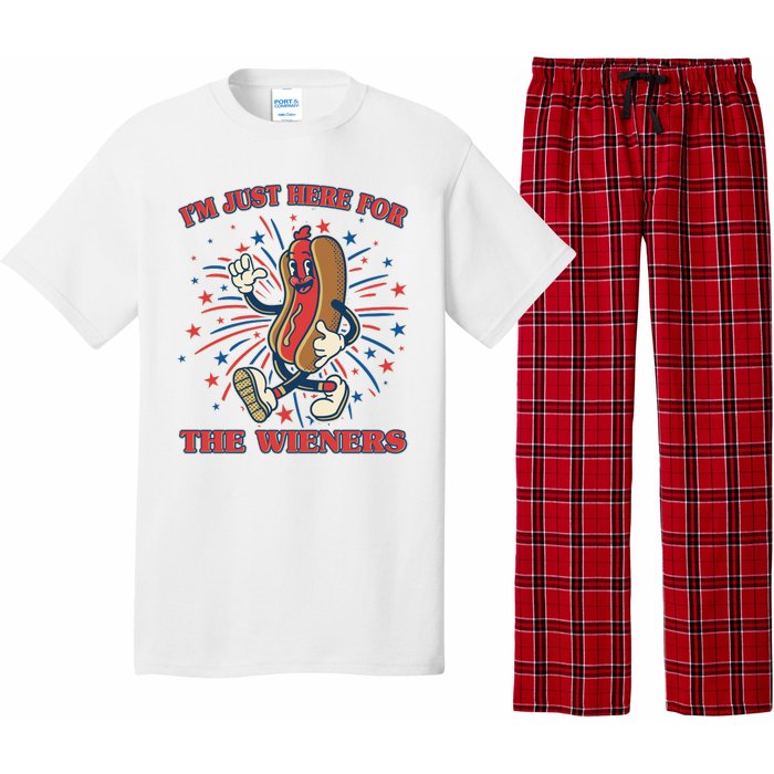 Funny 4th Of July Im Just Here For The Wieners Retro Cartoon Hotdog Pajama Set