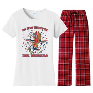 Funny 4th Of July Im Just Here For The Wieners Retro Cartoon Hotdog Women's Flannel Pajama Set