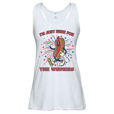 Funny 4th Of July Im Just Here For The Wieners Retro Cartoon Hotdog Ladies Essential Flowy Tank