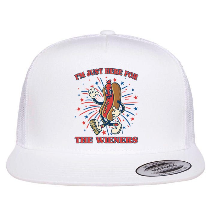 Funny 4th Of July Im Just Here For The Wieners Retro Cartoon Hotdog Flat Bill Trucker Hat