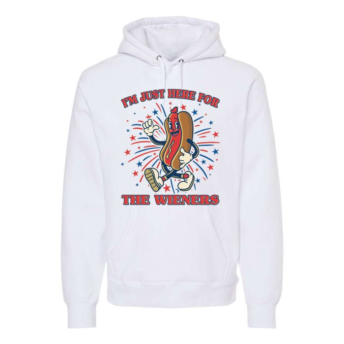 Funny 4th Of July Im Just Here For The Wieners Retro Cartoon Hotdog Premium Hoodie