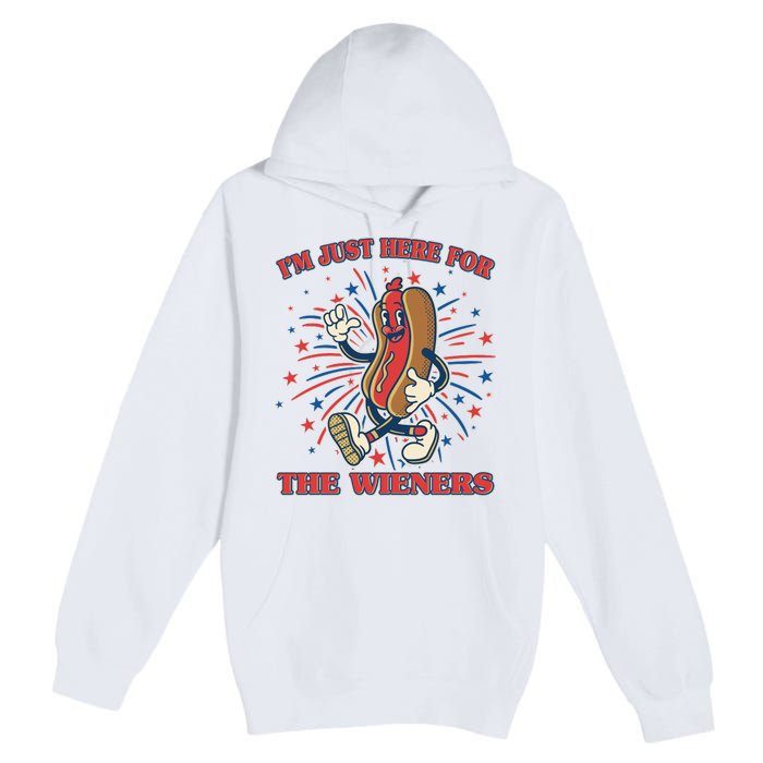 Funny 4th Of July Im Just Here For The Wieners Retro Cartoon Hotdog Premium Pullover Hoodie