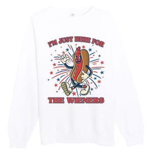 Funny 4th Of July Im Just Here For The Wieners Retro Cartoon Hotdog Premium Crewneck Sweatshirt