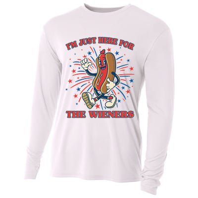 Funny 4th Of July Im Just Here For The Wieners Retro Cartoon Hotdog Cooling Performance Long Sleeve Crew