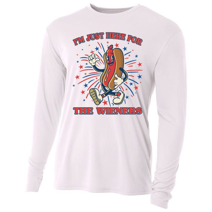 Funny 4th Of July Im Just Here For The Wieners Retro Cartoon Hotdog Cooling Performance Long Sleeve Crew