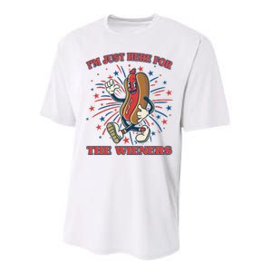 Funny 4th Of July Im Just Here For The Wieners Retro Cartoon Hotdog Performance Sprint T-Shirt