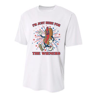 Funny 4th Of July Im Just Here For The Wieners Retro Cartoon Hotdog Youth Performance Sprint T-Shirt