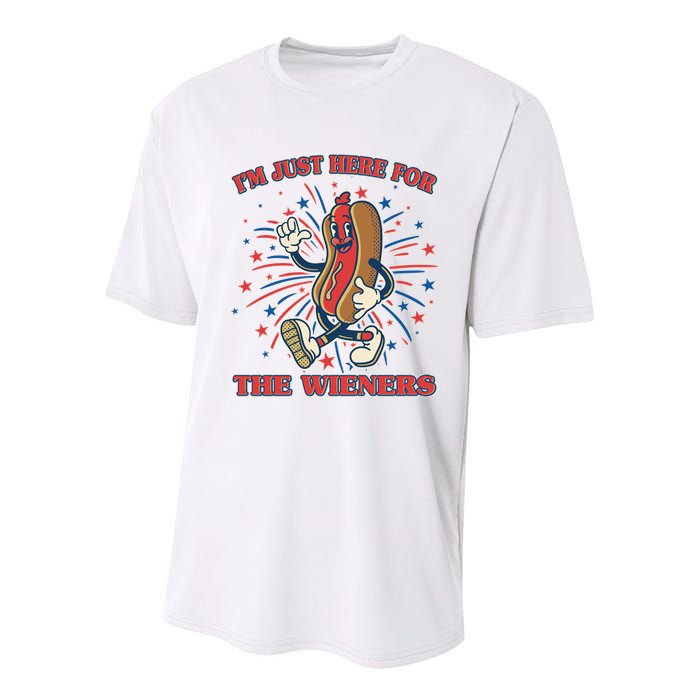 Funny 4th Of July Im Just Here For The Wieners Retro Cartoon Hotdog Youth Performance Sprint T-Shirt